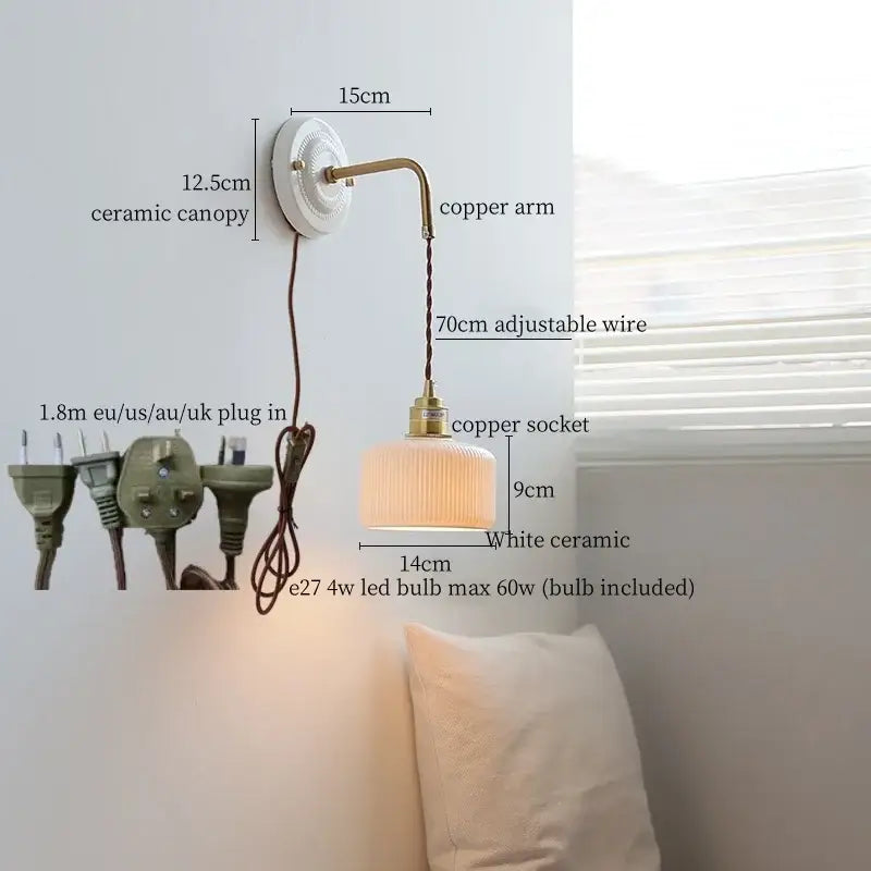 Vintage-style decorbites copper arm wall lamp with white ceramic canopy and ribbed ceramic shade for bedroom lighting