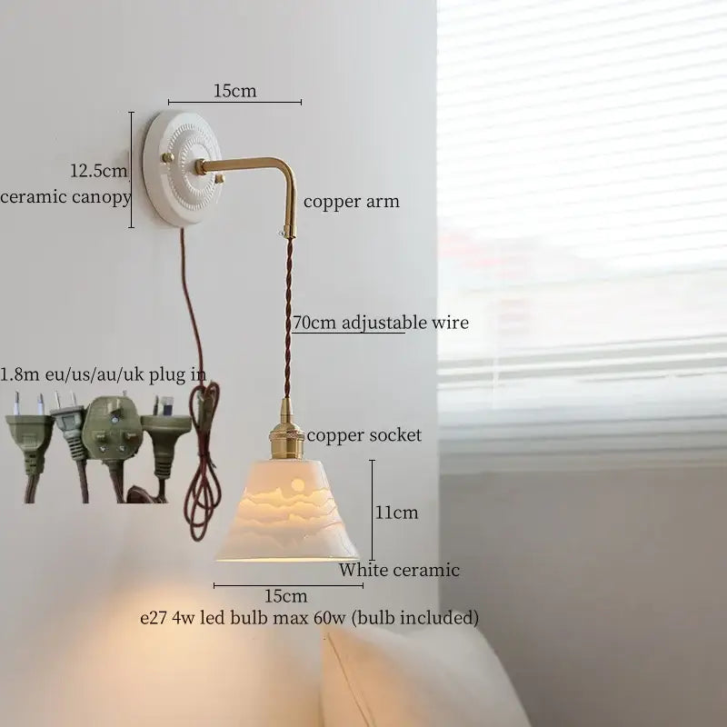 White ceramic wall lamp with decorbites copper arm vintage design and adjustable 70cm wire for bedroom lighting