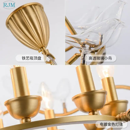Gold-finished decorbites copper bird chandelier with clear glass bird accents and candle-style light fixtures for dining room