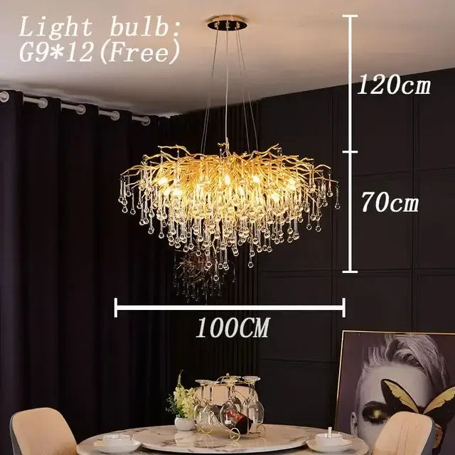 Decorbites copper branch water crystal chandelier featuring golden branch style with dangling crystal droplets for living room