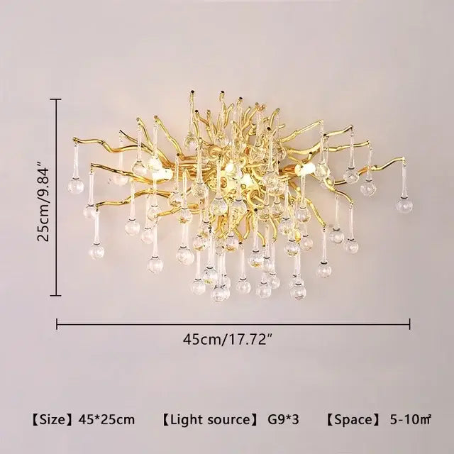 Gold-toned decorbites copper branch water crystal chandelier with intricate arms and dangling crystals for living room