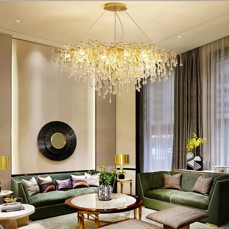 Decorbites copper branch water crystal chandelier with golden branch design and dangling droplets for living room