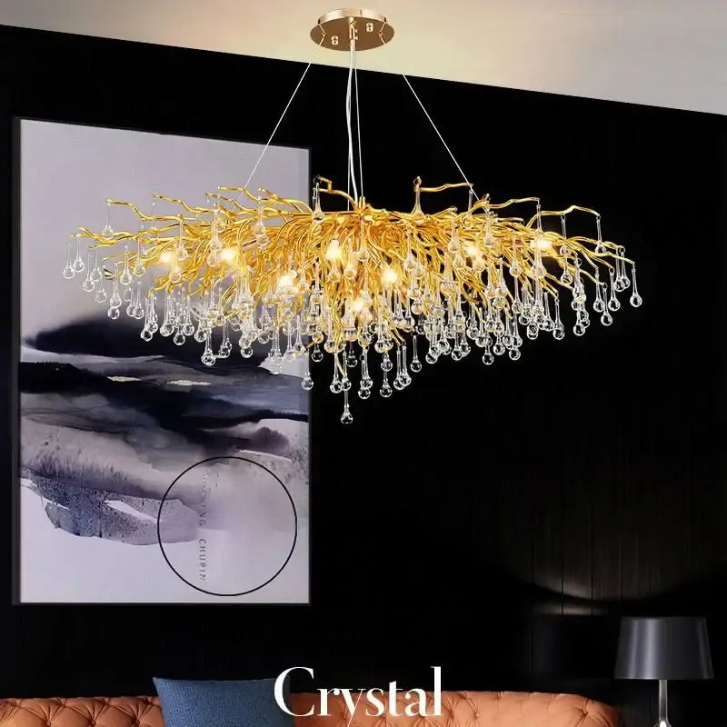 Decorbites copper branch water crystal chandelier with gold branch style and dangling crystal droplets for living room