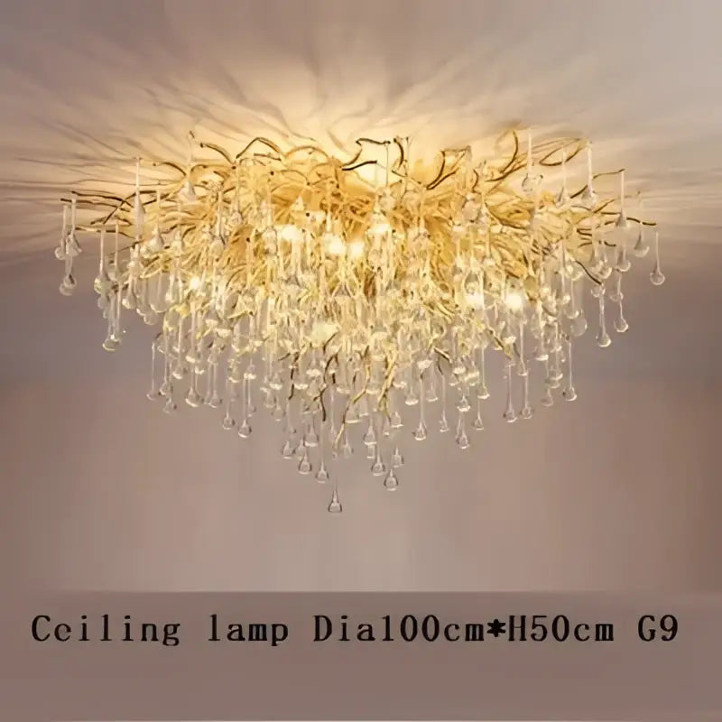 Golden decorbites copper branch water crystal chandelier with intricate branching and teardrop crystals for living room