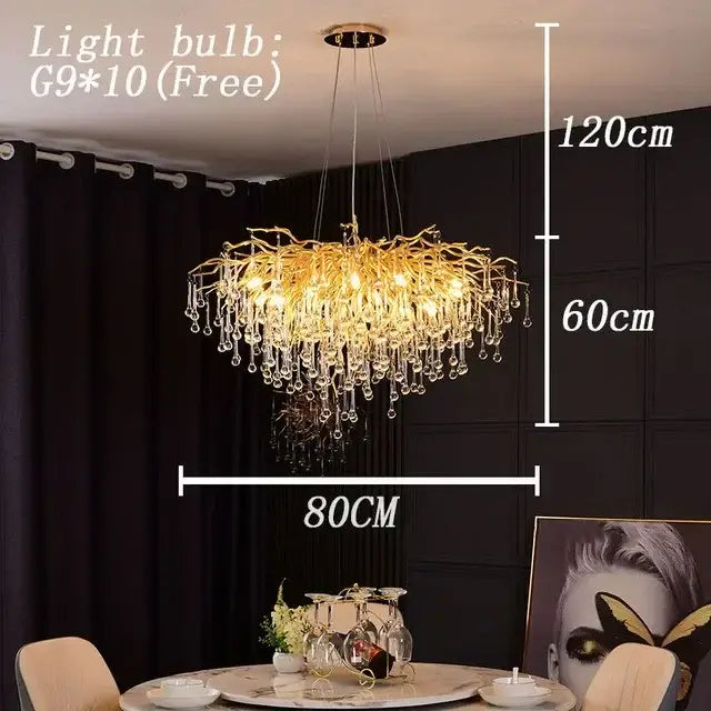 Decorbites copper branch water crystal chandelier with golden branch style and dangling crystal droplets for living room