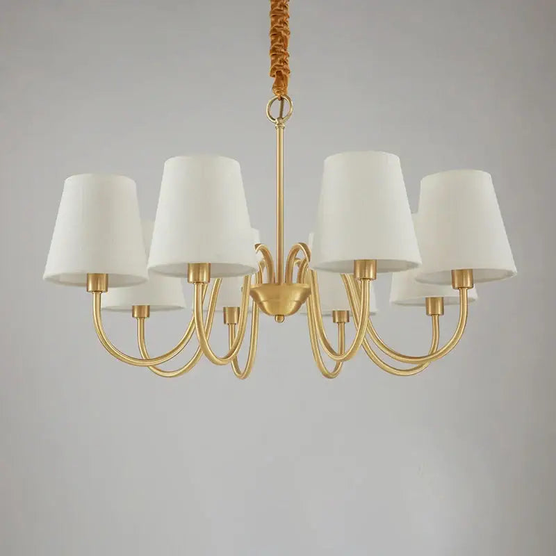 Decorbites copper ceiling chandelier with five white fabric shades and gold-toned braided rope suspension for living room
