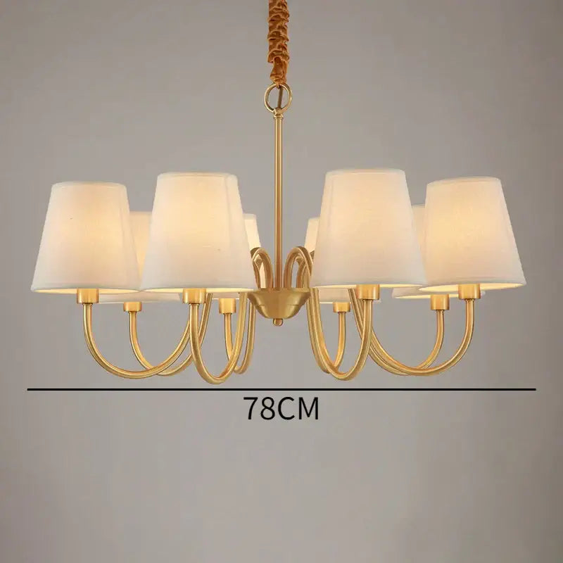 Decorbites copper ceiling chandelier with six cream fabric shades gold-toned metal braided cord suspension