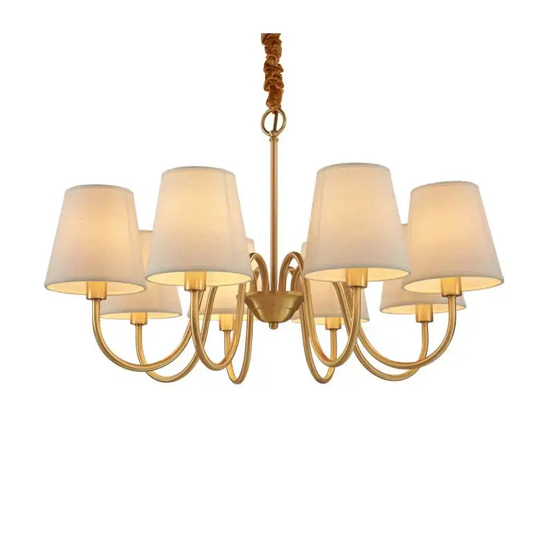 Gold-toned decorbites copper ceiling chandelier with six cream fabric shades and braided cord for living room lighting