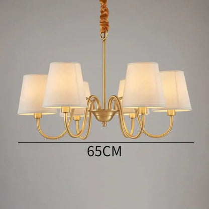 Decorbites copper ceiling chandelier with gold-toned frame, five cream fabric shades, and twisted rope suspension for living room