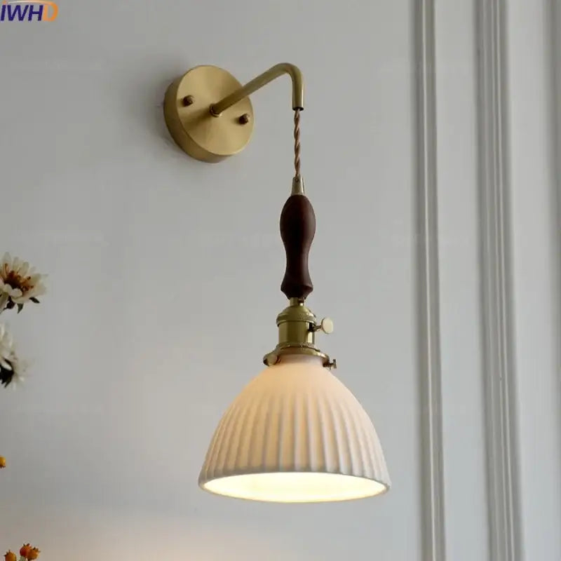 Vintage brass and dark wood led wall lamps with ribbed off-white glass shade for bedroom ceramic led wall sconce
