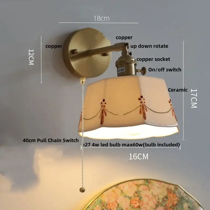 DecorBites™ Copper Ceramic LED Wall Light Fixture Pull Chain Switch Modern Wall Lamp