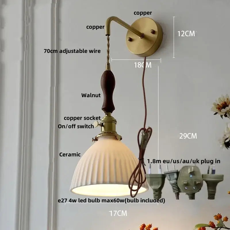DecorBites™ Copper Ceramic LED Wall Light Fixture Pull Chain Switch Modern Wall Lamp