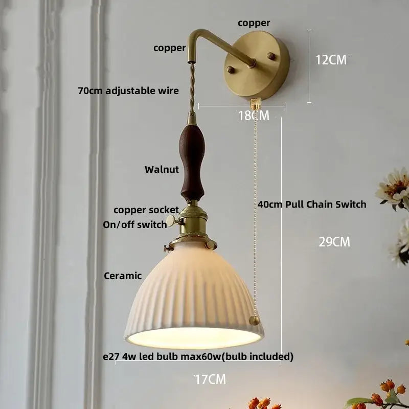 DecorBites™ Copper Ceramic LED Wall Light Fixture Pull Chain Switch Modern Wall Lamp