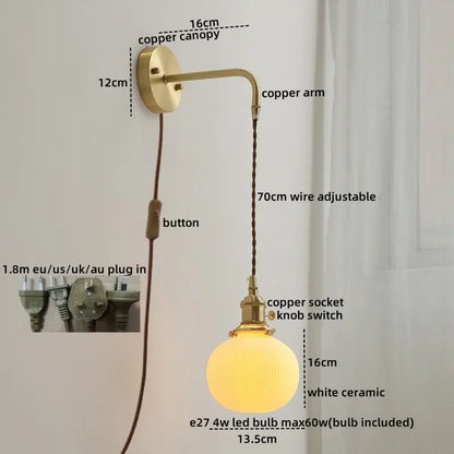 DecorBites™ Copper Ceramic LED Wall Light Pull Chain Switch Modern Bedroom Lamp