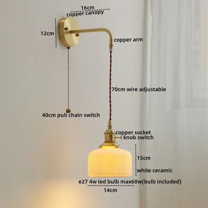 DecorBites™ Copper Ceramic LED Wall Light Pull Chain Switch Modern Bedroom Lamp