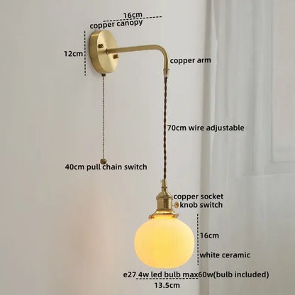 DecorBites™ Copper Ceramic LED Wall Light Pull Chain Switch Modern Bedroom Lamp