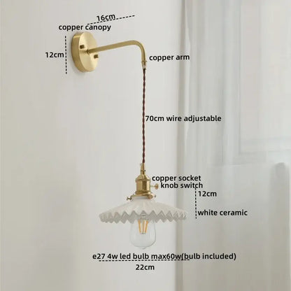 DecorBites™ Copper Ceramic LED Wall Light Pull Chain Switch Modern Bedroom Lamp