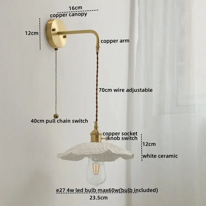 DecorBites™ Copper Ceramic LED Wall Light Pull Chain Switch Modern Bedroom Lamp