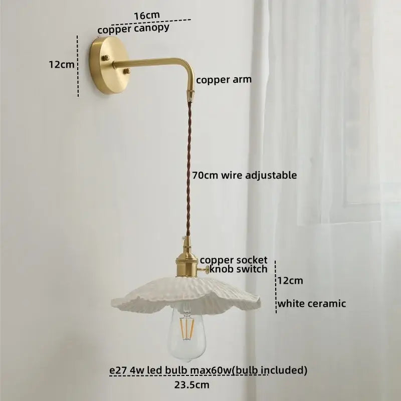 DecorBites™ Copper Ceramic LED Wall Light Pull Chain Switch Modern Bedroom Lamp