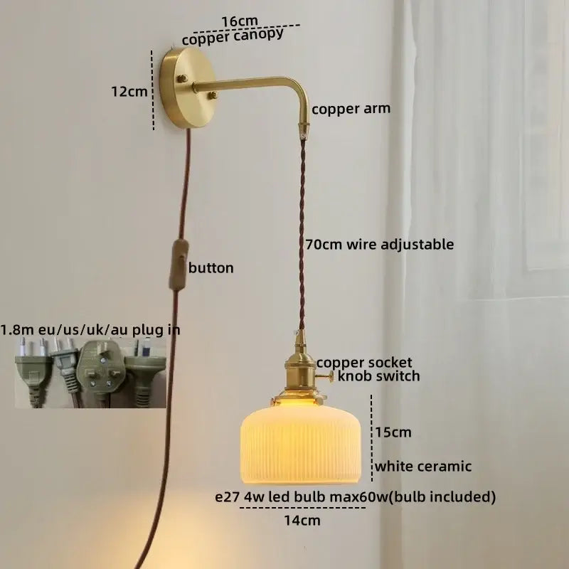 DecorBites™ Copper Ceramic LED Wall Light Pull Chain Switch Modern Bedroom Lamp