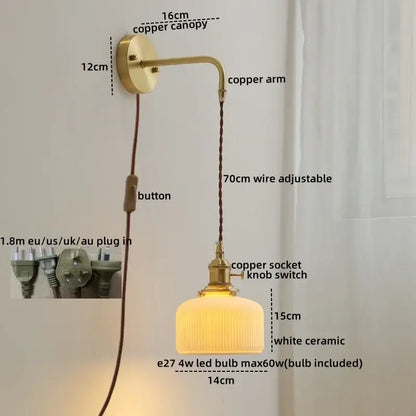 DecorBites™ Copper Ceramic LED Wall Light Pull Chain Switch Modern Bedroom Lamp