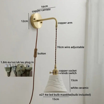 DecorBites™ Copper Ceramic LED Wall Light Pull Chain Switch Modern Bedroom Lamp