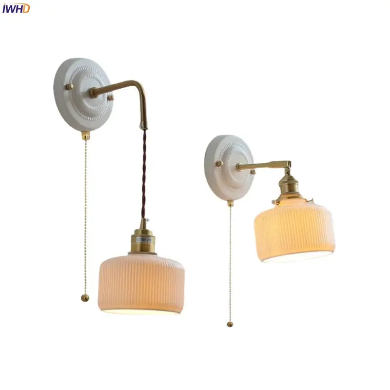 Vintage brass ceramic led wall light with cream ribbed glass shades and brass accents for living room wall light