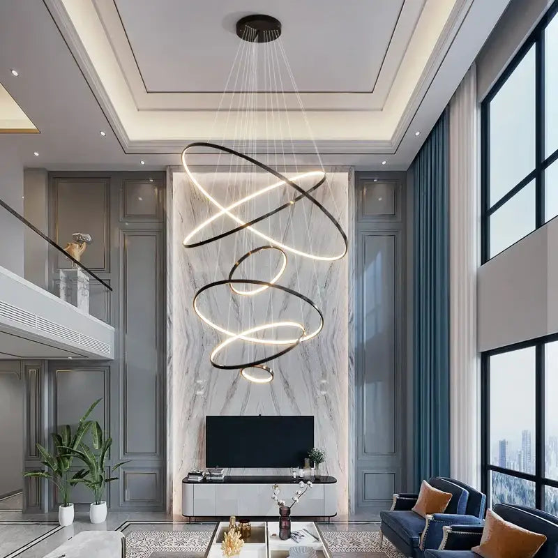 Modern decorbites copper circle black and white spiral led chandelier for living room lighting
