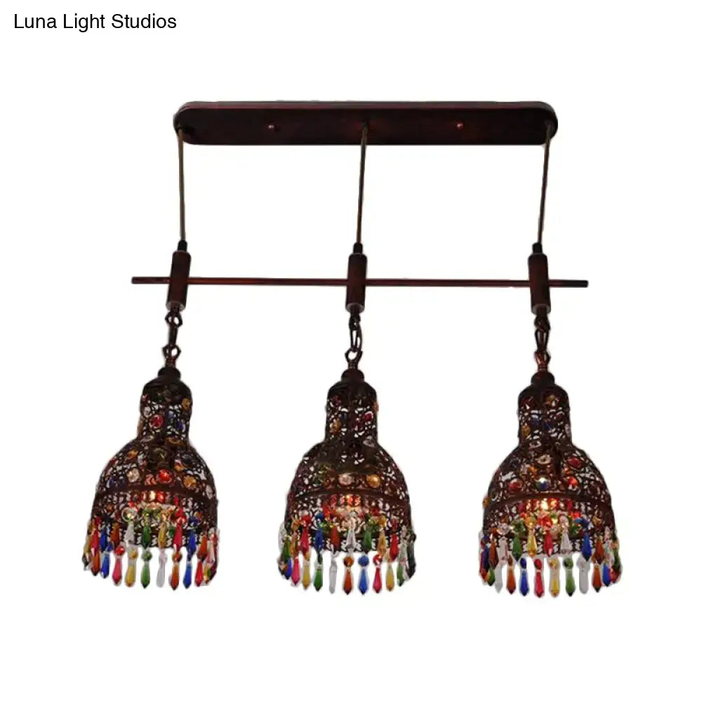 Decorbites copper cluster pendant light with three art deco dark metal frames colorful glass beads and crystal tassels ceiling light