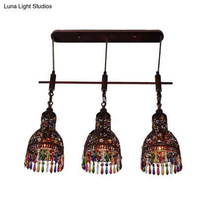 Decorbites copper cluster pendant light with three art deco dark metal frames colorful glass beads and crystal tassels ceiling light