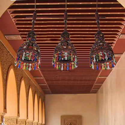 Three dark metal art deco copper cluster pendant ceiling lights with colorful glass beads and tassels for corridors