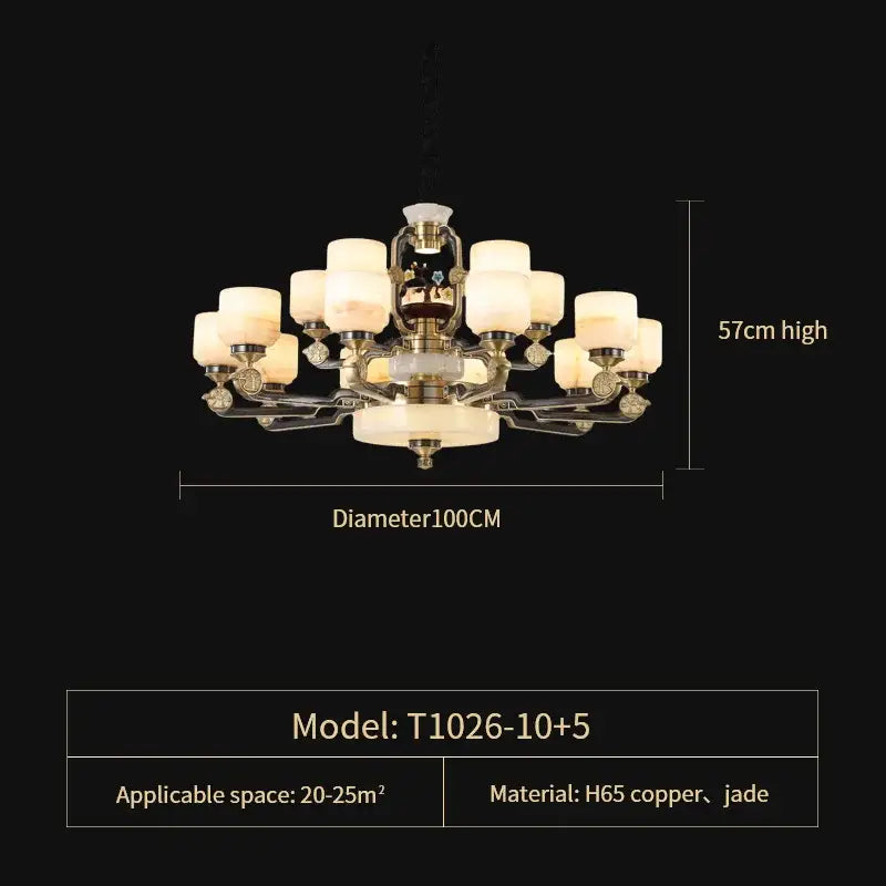 A luxurious 100cm decorbites copper jade duplex chandelier with brass finish jade accents and frosted glass shades for living room