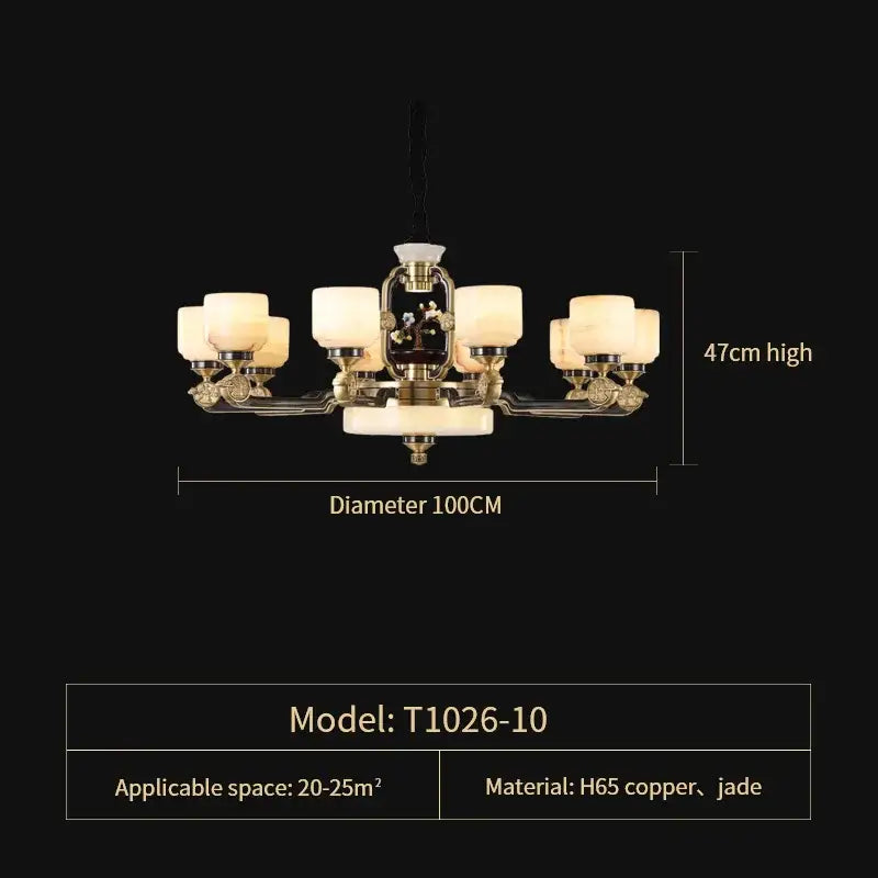 Elegant decorbites copper jade duplex chandelier with central jade inlay and cream glass shades for living room lighting