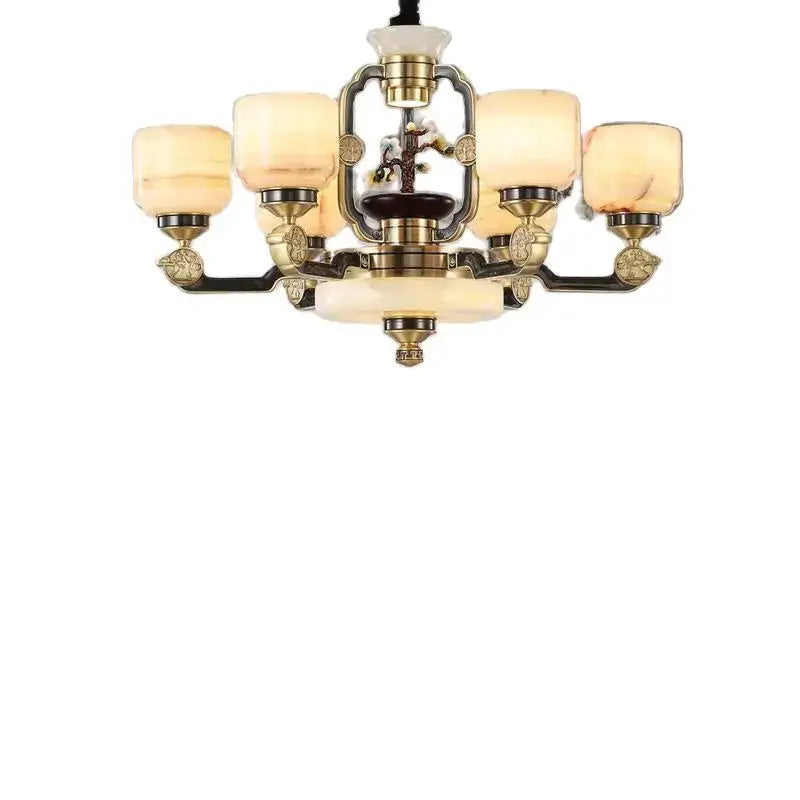 Antique brass and white marble decorbites copper jade duplex chandelier with five warm-toned glass shades for living room