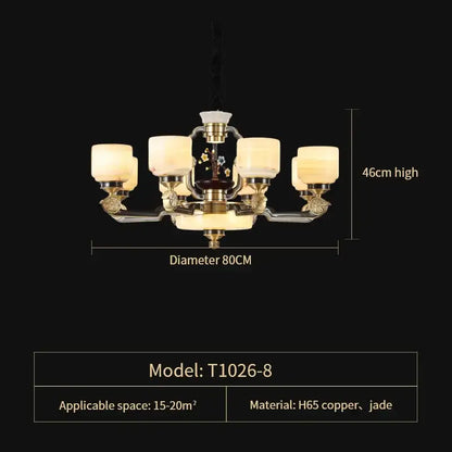 Elegant Decorbites copper jade duplex chandelier with six warm glass shades and ornate copper jade detailing for living room