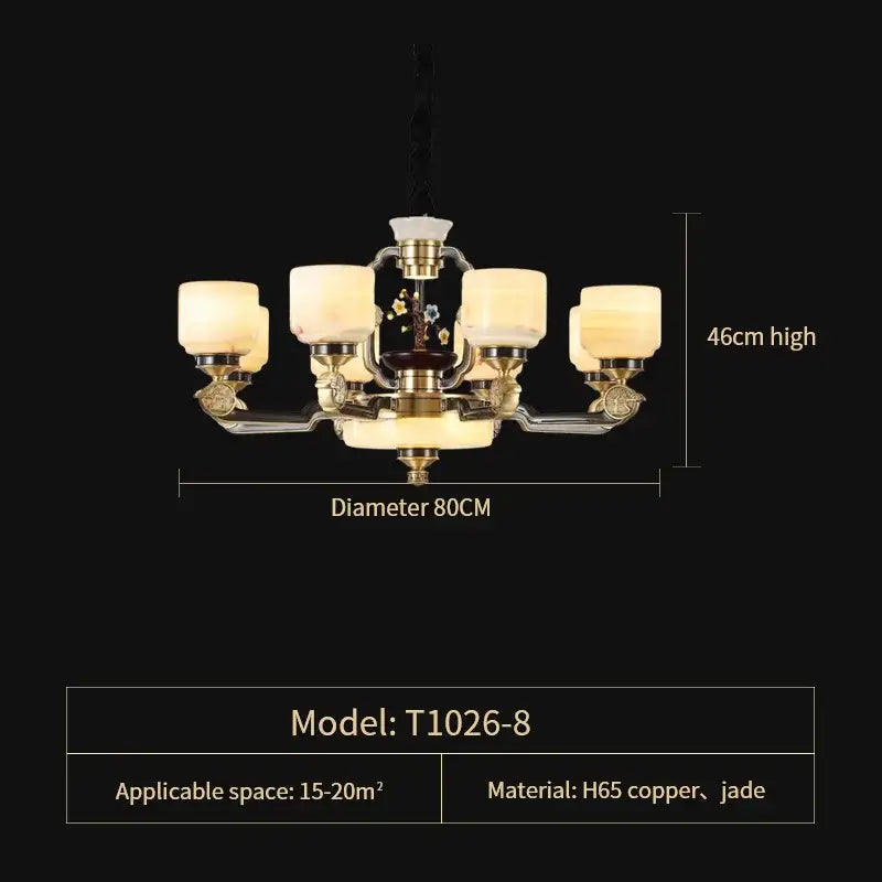 Elegant Decorbites copper jade duplex chandelier with six warm glass shades and ornate copper jade detailing for living room
