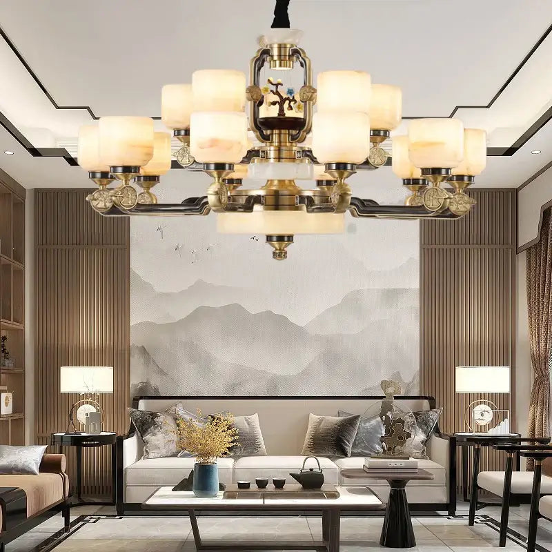 Brass-finished decorbites copper jade duplex chandelier with frosted glass shades and ornate traditional branch design for living room