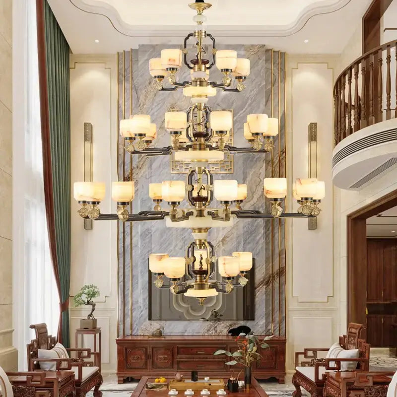 Decorbites copper jade duplex chandelier with brass and dark metal frame and warm frosted glass shades for living room branch design