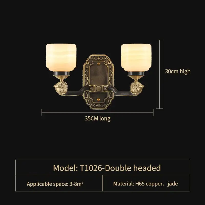 Antique brass double-headed wall sconce with frosted glass shades and ornate jade accents from decorbites copper jade duplex chandelier