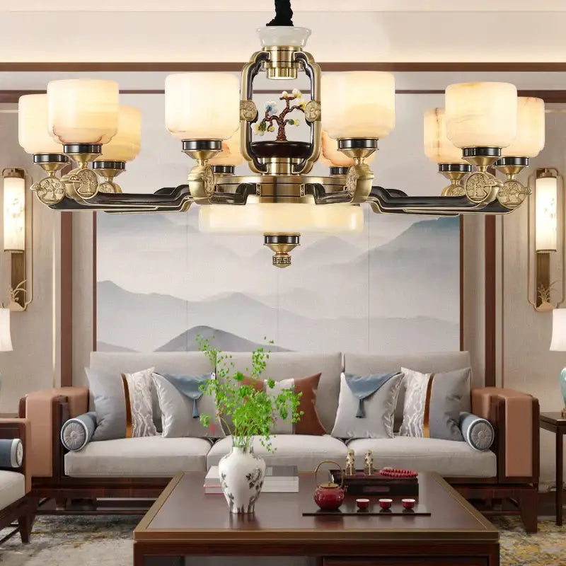 Decorbites copper jade duplex chandelier with brass and black ornate branch design and frosted glass shades for living room
