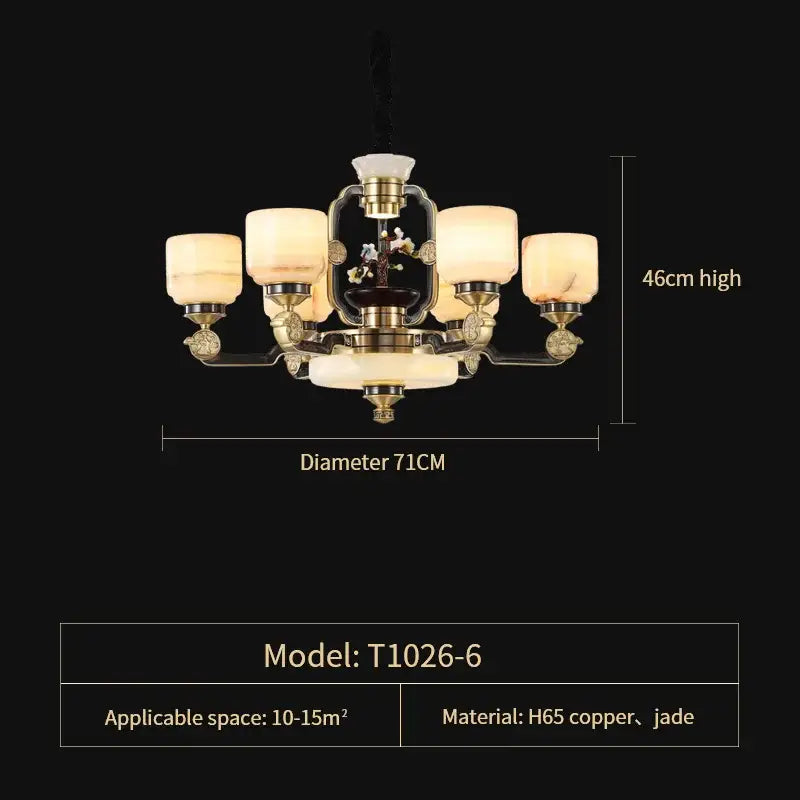 Decorbites copper jade duplex chandelier with six frosted glass shades and brass frame featuring intricate jade inlays