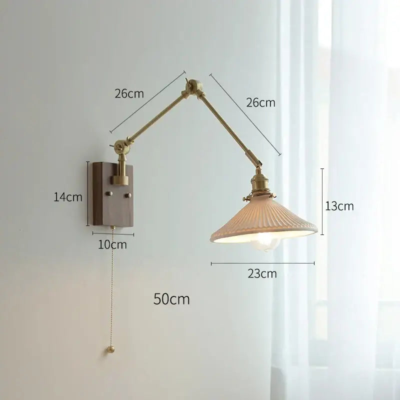 Adjustable decorbites copper swing arm wall lamp with brass structure and ribbed off-white glass shade for bedroom