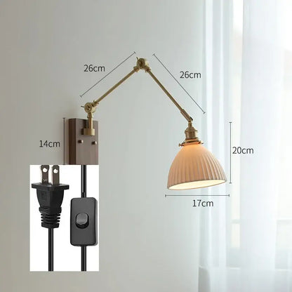Brass-finished decorbites copper swing arm wall lamp with adjustable ribbed off-white glass shade for bedroom lighting