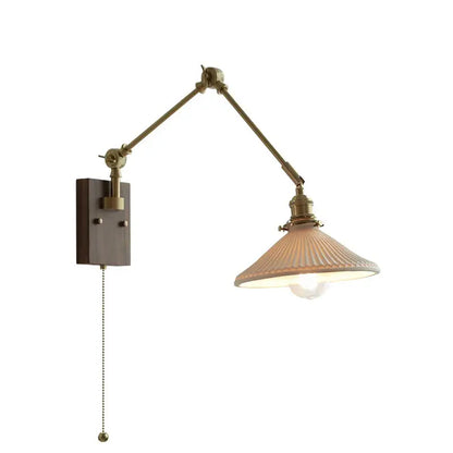 Antique brass decorbites copper swing arm wall lamp with ribbed frosted glass shade and dark wood mounting plate