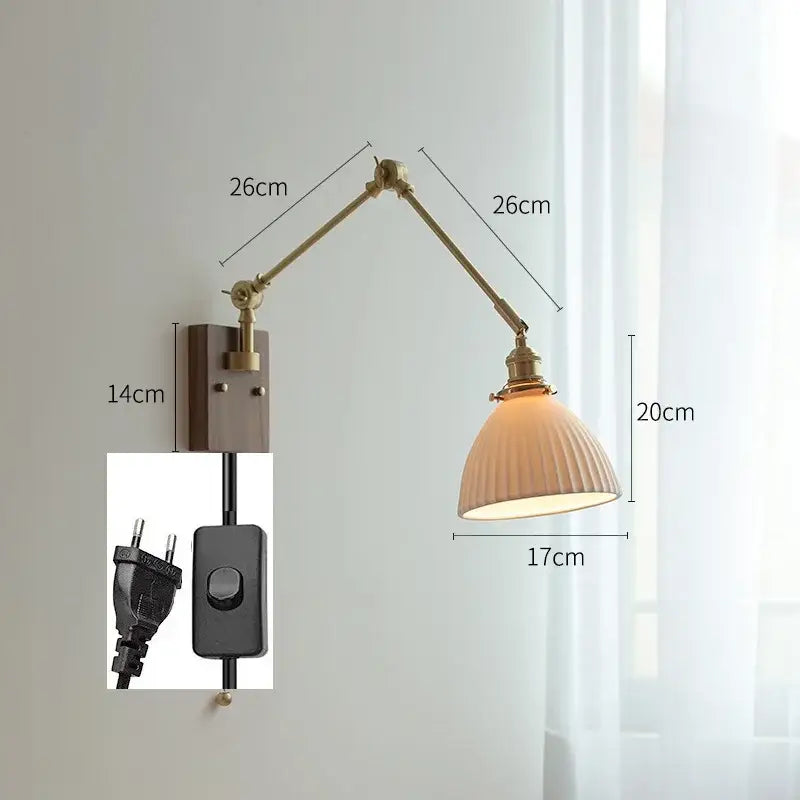 Brass-finished decorbites copper swing arm wall lamp with adjustable ribbed off-white glass shade for bedroom use
