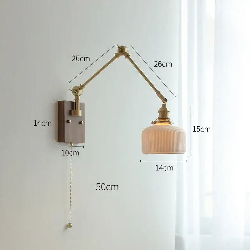Adjustable decorbites copper swing arm wall lamp with brass finish and ribbed cream glass shade for bedroom lighting