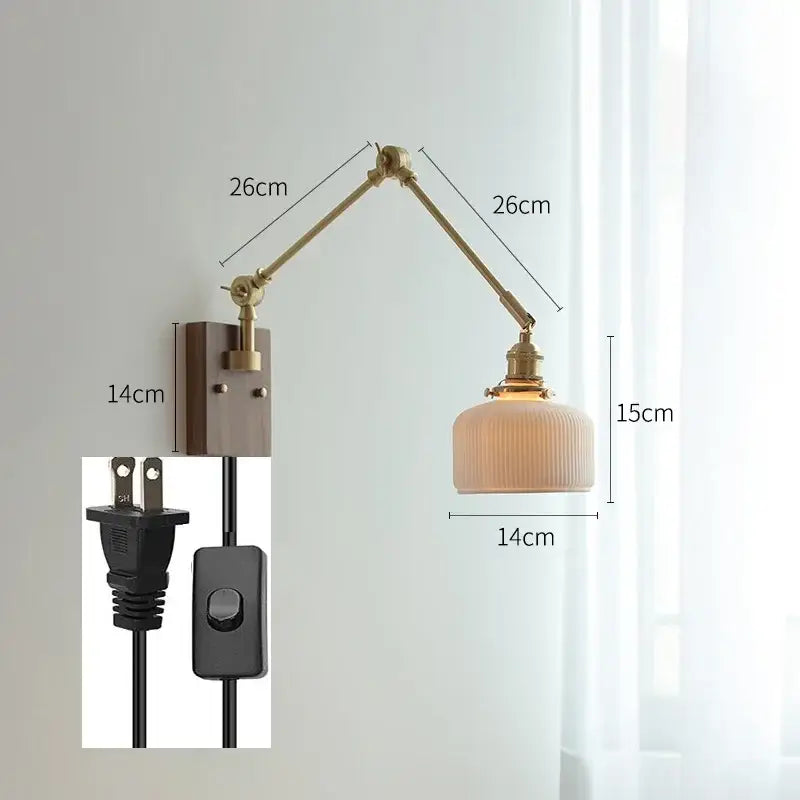 Adjustable brass wall lamp with ribbed off-white glass shade decorbites copper swing arm for bedroom lighting