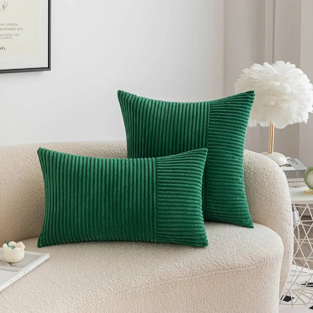 Deep green decorbites corduroy striped patchwork pillow cover set with ribbed texture in rectangular and square shapes