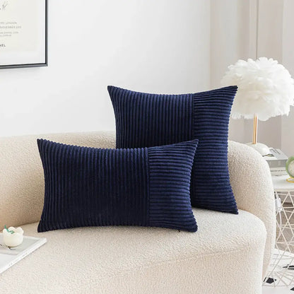Navy blue corduroy striped patchwork pillow cover set by decorbites featuring ribbed texture for living room decor