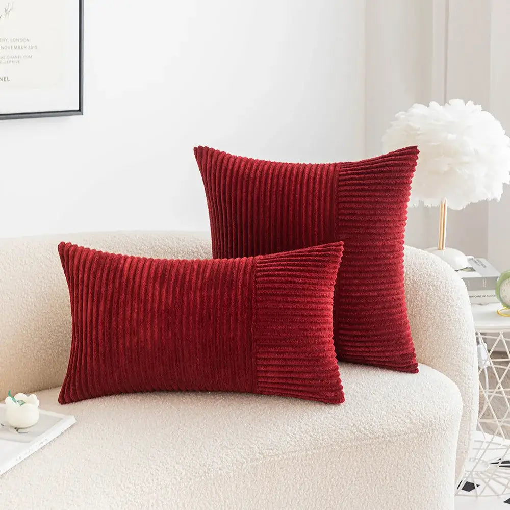 Two rich red corduroy striped patchwork pillow covers with vertical ribbed texture decorative for living room by Decorbites